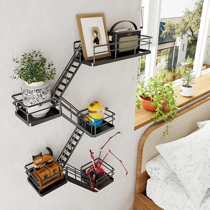 Fire Escape Shelf - 5 Tier Metal Black Fire Escape Wall Shelves with Baskets, New York Action Figurine Display Shelf, Unique Rustic Floating Decorative Wall Shelves for Any Room