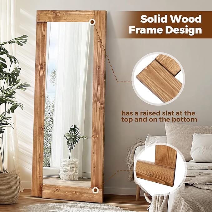 Full Length Mirror 58"x24" – Solid Wood Frame, HD Tempered Glass, Wall Mounted & Leaning, Rustic Modern Decor for Bedroom, Living Room, Entryway, Light Brown