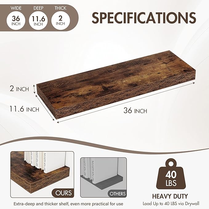 Acovy 36 Inch Floating Shelves, 12" Deep Floating Shelf Wall Mounted, 36" Wall Shelves, Rustic Deep Bookshelf, Extra Deeper & Thicker Display Shelves for Bedroom, Living Room, Brown, Set of 2