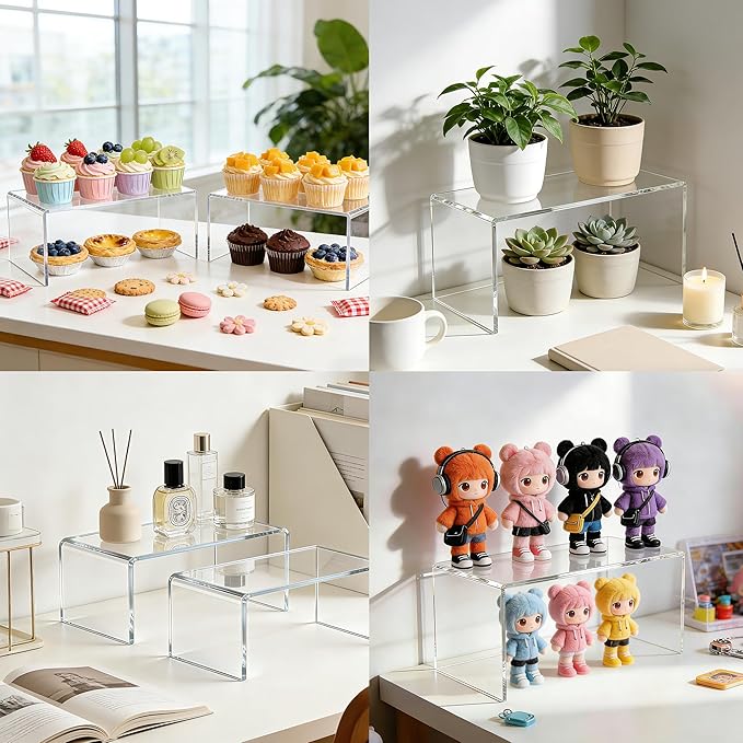 Large Acrylic Risers 4 Pack - 12.4" Clear Display Risers, 5mm Thick Acrylic Display Stands for Collectibles, Perfume Organizer, Cupcake Stand & Retail Showcase