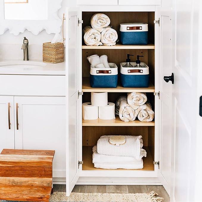 OrganiHaus Small Fabric Storage Baskets 3 Pack, 12x8in Cloth Storage Bins for Shelves, Small Baskets for Organizing Pantry Closet, Canvas Shelf Baskets, Navy Blue/Off-White