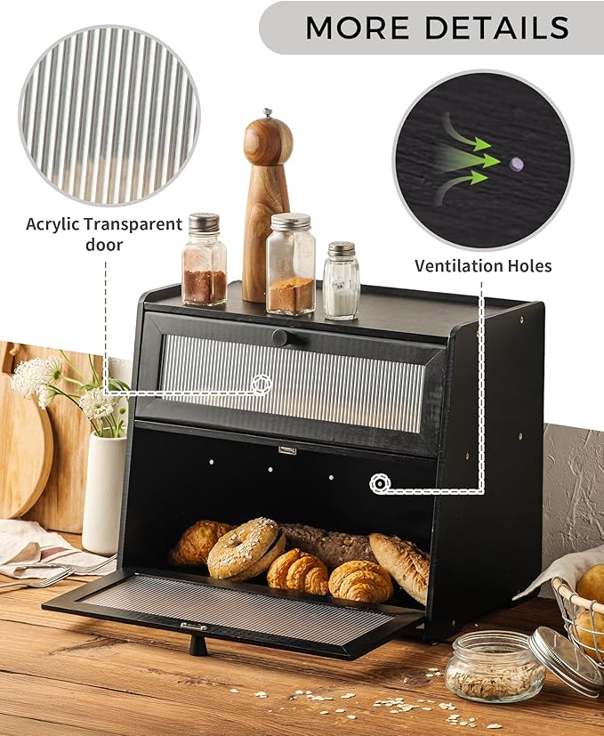 Bamboo Bread Box 2 Tiered for Kitchen Counter-Large Capacity Wood Bread Basket Storage Container Bread Box with Window Bread Holder with Shelf Vitamin Bottle Storage (black)