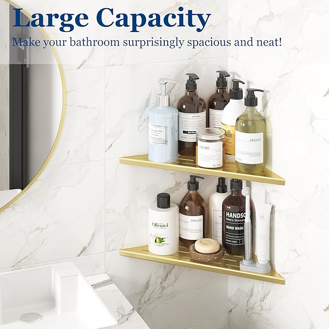 Qeke Corner Shower Shelves, 12” Recessed Tile Shower Shelf, 304 Stainless Steel Grout in Corner Tile Shower Shelves, No Drilling, Brushed Golden, 2 Pack