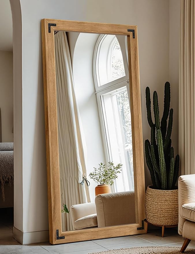 TRAHOME Full Length Mirror with Wooden Frame, 55"X30" Solid Wood Standing Floor Mirror for Farmhouse, Bathroom, Bedroom Decor, Hanging or Leaning Wall-Mounted