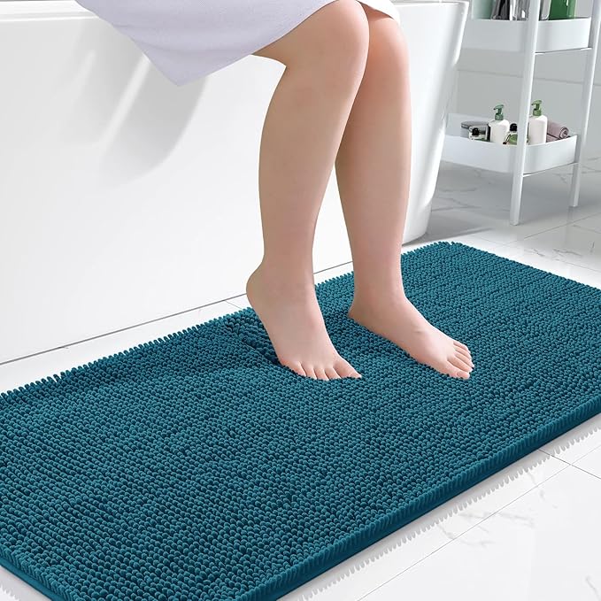OLANLY Large Bathroom Rugs 45x27, Extra Soft Absorbent Chenille Bath Rugs, Rubber Backing Quick Dry, Machine Washable Bath Mats for Bathroom Floor, Tub and Shower, Home Decor Accessories, Peacock Blue