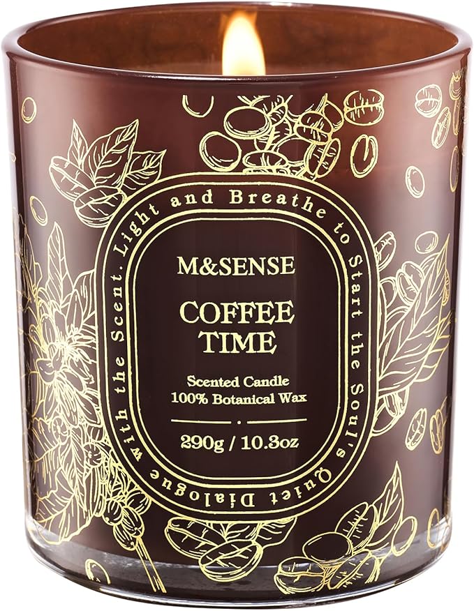 M&SENSE Coffee Scented Candle, Clean-Burning Non Toxic Soy Wax Candle, Cozy Stress Relief Coffee Aroma, 55 Hours Long Burning 10.3oz, Office Housewarming Gifts Home Decor for Women Men