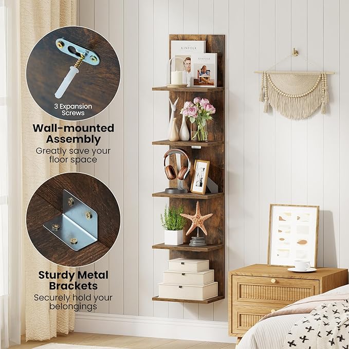 Giantex 5 Tier Wall Shelf Unit Set of 2, Narrow Vertical Floating Shelves for Home Decoration and Storage Organizer, Lack Wall Shelf, Wall Mounted Display Shelves for Bedroom, Living Room,Rustic Brown