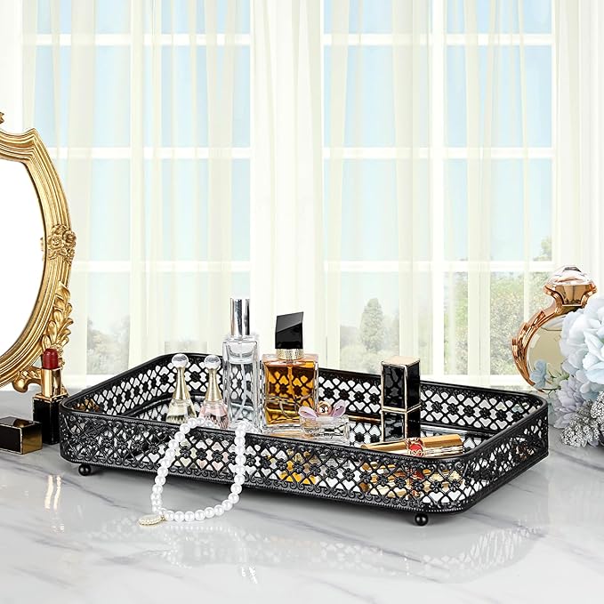 ELLDOO Black Perfume & Makeup Vanity Tray - Hollow-Carved Jewelry Storage, Glass & Metal Trinket Organizer for Dresser & Bathroom Countertop, Large Size