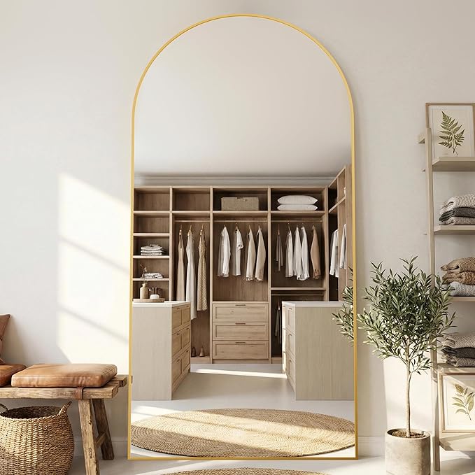77"x38" Arched Full Length Mirror with Stand, Free Standing Leaning Wall Mounted Aluminum Alloy Frame Mirror for Bedroom Living Room Cloakroom, Gold