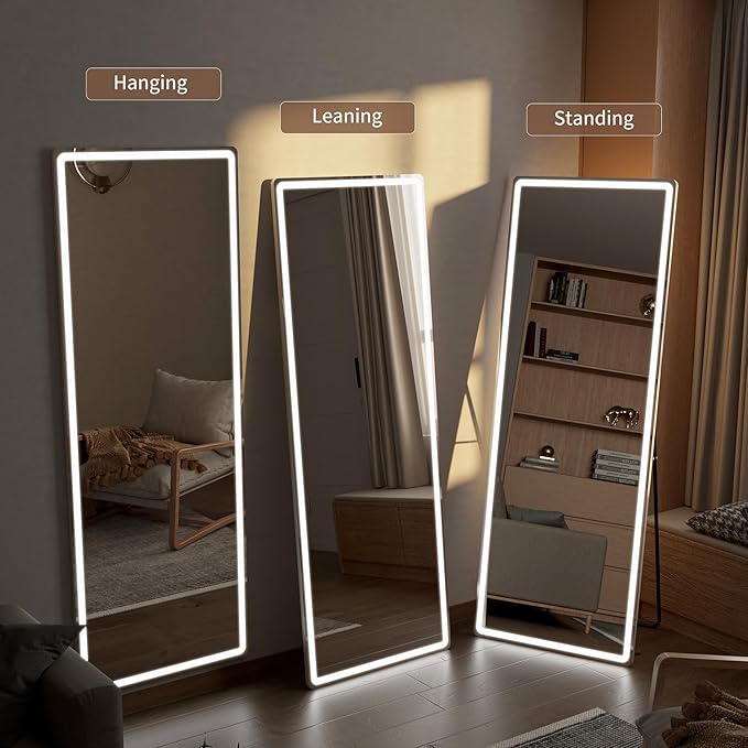 64"x21" Full Length Mirror with LED Lights, Hanging Mounted Mirrors, Aluminum Frame Mirrors with Dimming & 3 Color Lighting, Lighted Full Body Mirror for Bedroom, Dressing Room, Cloakroom