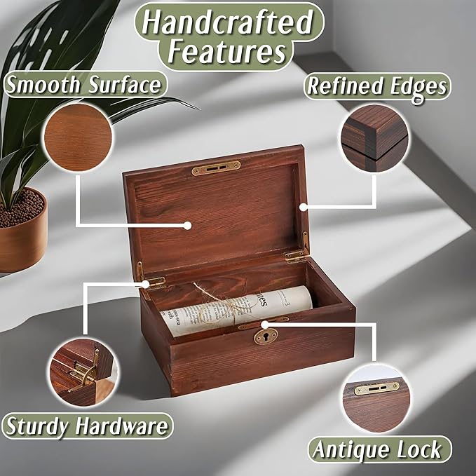 Wooden Box with Hinged Lid - 2 Pack - Vintage Decorative & Lockable Chest - for Keepsakes, Valuables, Accessories, Treasured Items - Walnut-Like Wood Finish, Aged Brass Hinges & Antique Lock
