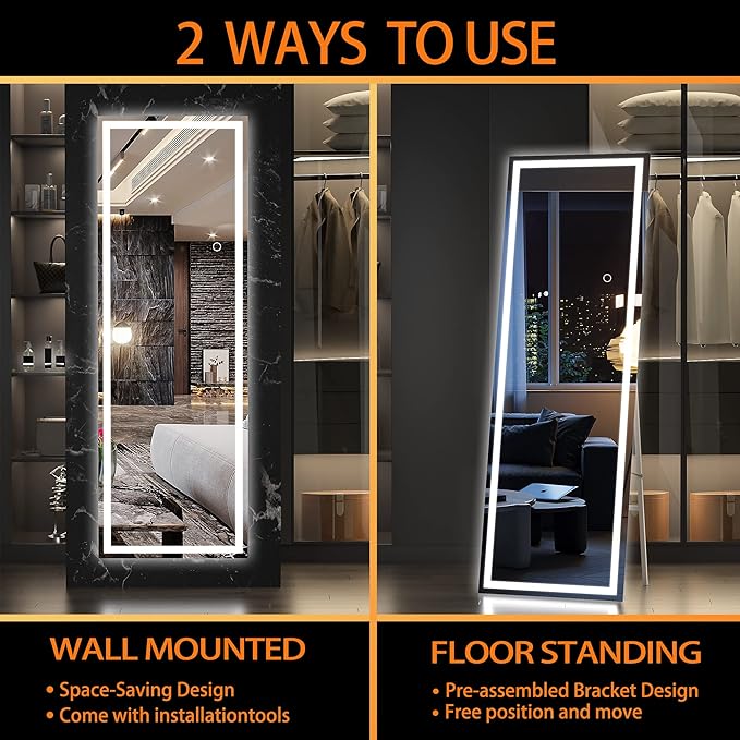 Hasipu Full Length Mirror with Lights, 56" x 15.8" LED Floor, Full Body Dressing Standing, Hanging Mounted Mirror, Square White
