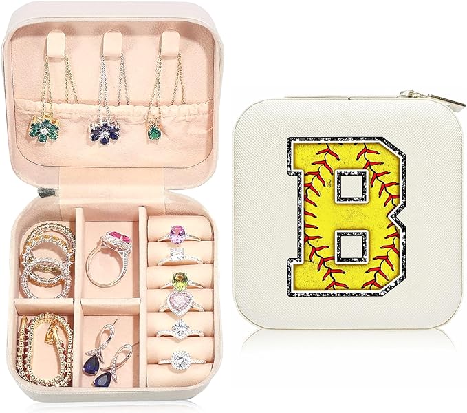 Softball Initial B Travel Jewelry Case,Valentine's Day Gift Softball Gifts for Teen Easter,Jewelry Box Personalized Softballs Accessories Letter Birthday Gifts for Players Coach Team Mom