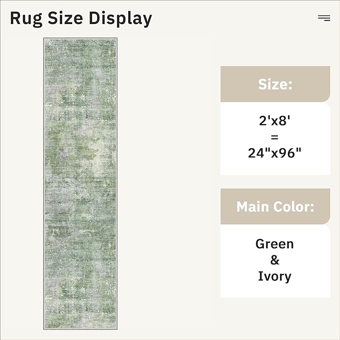 Soalmost Runner Rug 2x8 Washable Non-Slip Hallway Runner Rugs for Kitchen Bathroom Laundry Room Green/Ivory Vintage Floor Carpet Runners for Hallways Entryway