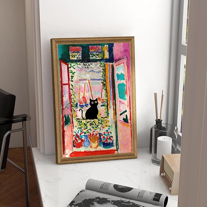 Fantasy Artists Henri Matisse Cat Wall Art, Framed Open Window Black Cat Canvas Poster Prints, Abstract Aesthetic Wall Decors for Living Room, Oil Paintings for Room Bathroom Decorations 20" X 30"