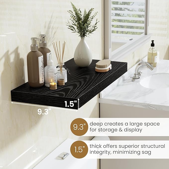 Fun Memories 40" W x 9.3" D Black Floating Shelves for Wall, Deep Long Floating Shelf for Home Bathroom, Bedroom, Living Room, Rustic Wood Wall Mounted Shelves for Books Decor