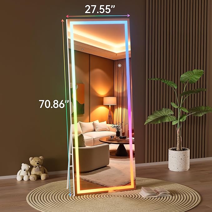 Hasipu 71"x28" LED RGB Bluetooth Full Length Mirror with Lights, Full Body Mirror with Stand, Wall Mount & Free Standing Floor Mirror for Bedroom Living Room Cloakroom, 7 Color & Brightness Adjustable