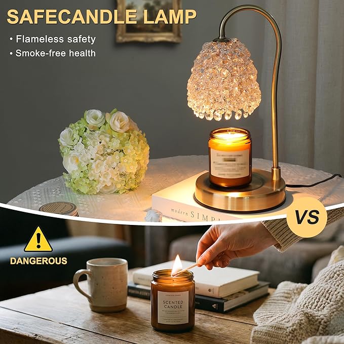 Candle Warmer Lamp with Timer Dimmer, Crystal Candle Lamp Birthday Gifts for Women, Mom, House Warming Gifts Wax Melt Warmer for Jar Candles with 2 Bulbs, Gold