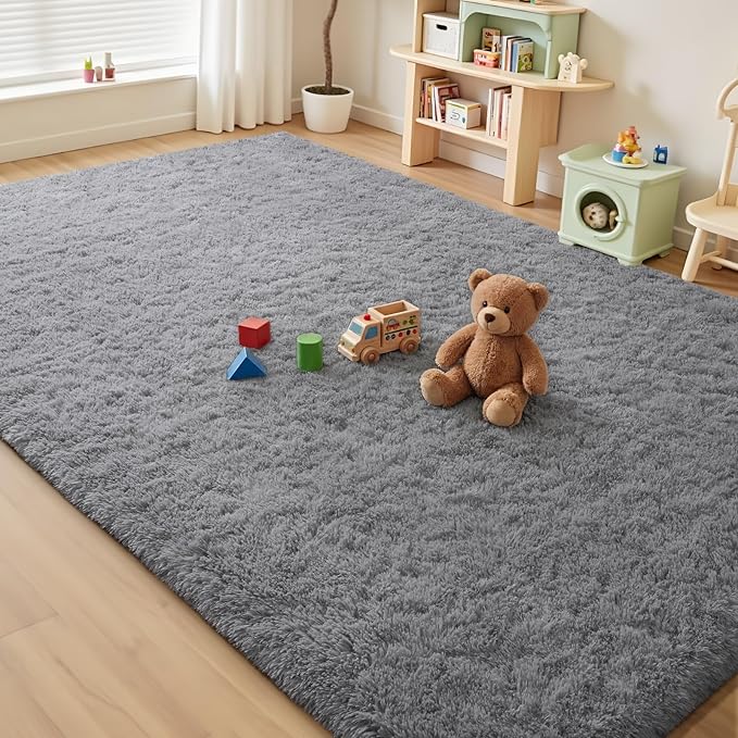 Modern Soft Fluffy Small Shaggy Rug for Bedroom Livingroom Dorm Kids Room Indoor Home Decorative, Non-Slip Plush Furry Fur Area Rugs Comfy Nursery Accent Floor Carpet 9X11 Feet, Smoke Gray