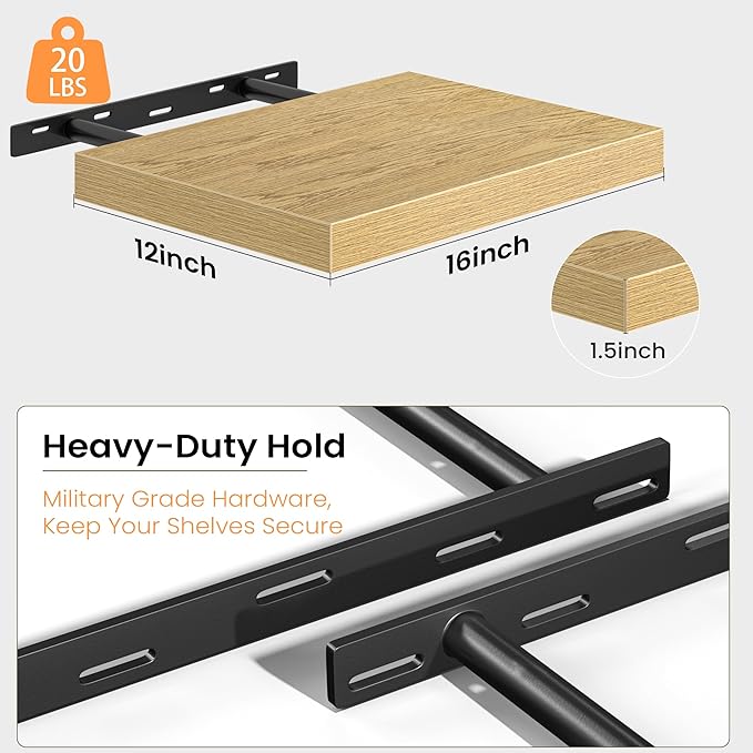 Floating Shelves for Wall, 16'' W x 12'' D Wall Mounted Rustic Wood Shelves for Bathroom, Bedroom, Living Room, Kitchen, Hanging Shelf for Storage/Room Decor with Heavy Duty Brackets, Oak, 2 Pack