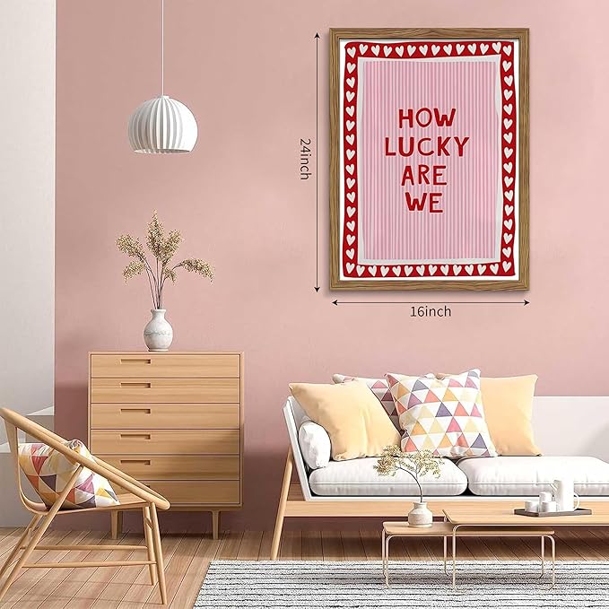 Framed How Lucky Are We Wall Art, Vintage Pink Inspirational Canvas Wall Decor Painting, Trendy Preppy Stripe Romantic Quotes Posters Prints Pictures for Bedroom Dorm Valentine Gift 16x24 Inch