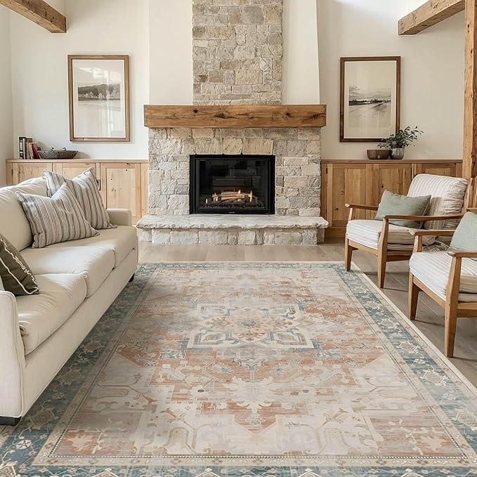 Rugxara 6X9 Orange Boho Rug,Large Washable Area Rugs for Living Room, Neutral Vintage for office, Dining Room, Kids Room, Farmhouse, Low Pile Non Slip Carpet for High Traffic Areas, Coral(orange&blue)