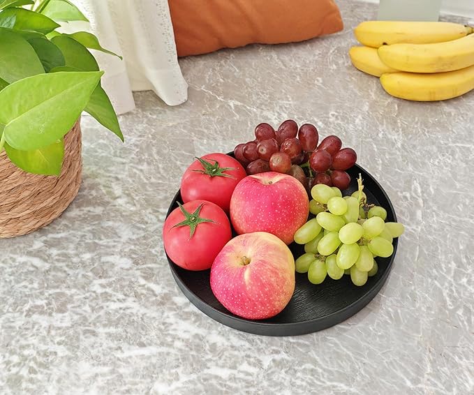 Round Black Tray (9.5 inch) for Bathroom & Kitchen Decor - Heavy Duty Plastic Vanity Tray, Decorative Serving Tray for Countertop, Coffee Table, Dresser Organizer