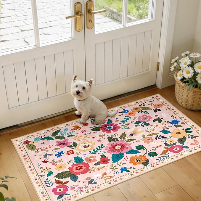 RELEANY Floral Nursery 2x4 Area Rugs Washable Print Boho Cute Carpet Non Slip Flower Low Pile for Living Room Kids Girls Playroom Bedroom Kitchen Office Farmhouse-Pink