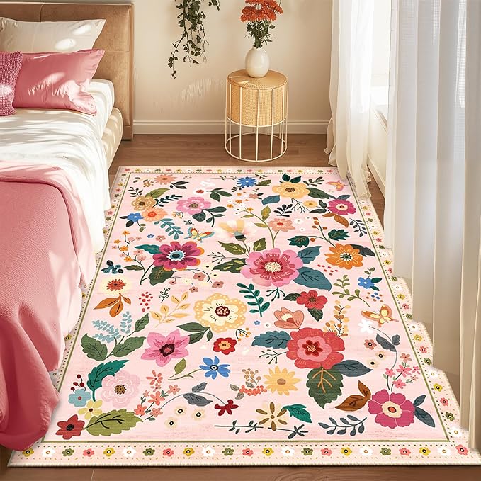 RELEANY Floral Nursery 3x5 Area Rugs Washable Print Boho Cute Carpet Non Slip Flower Low Pile for Living Room Kids Girls Playroom Bedroom Kitchen Office Farmhouse-Pink