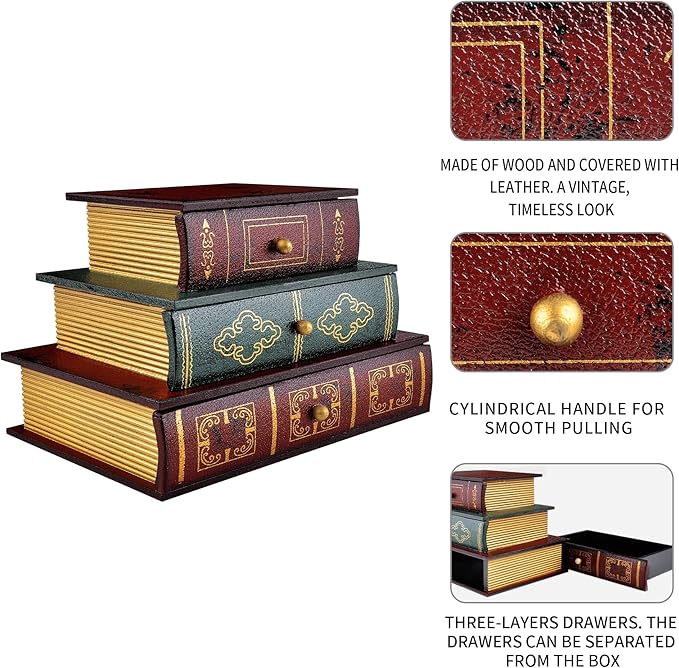 POWER UNICO FLOWER Vintage Decorative Organizer Wooden False Book Storage Box Jewelry Box with Three-layer Drawers (312)