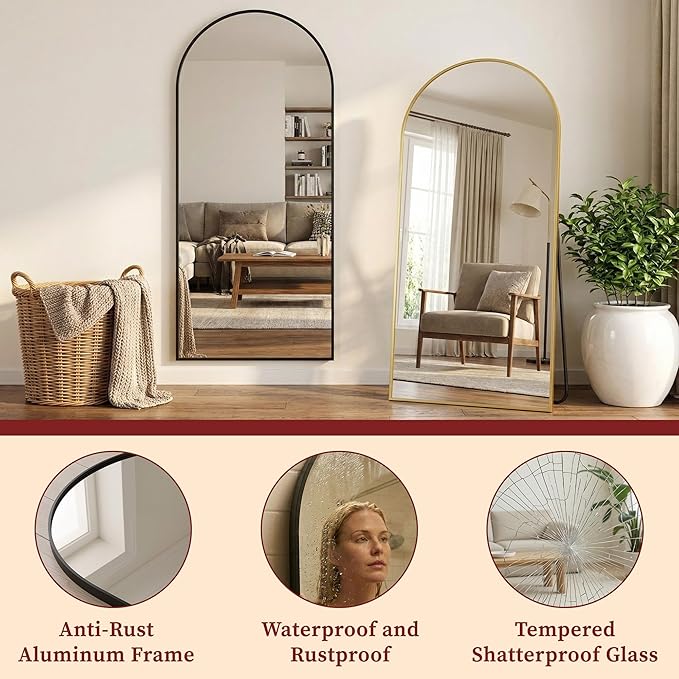 Suidia 76"x34" Arched Full Length Mirror with Stand, Full Body Mirror with Aluminum Frame, Freestanding/Leaning/Wall-Mounted, Floor Mirrors for Bedroom, Living Room, Entryway, Dressing Room, Black