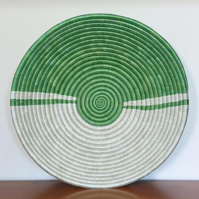 Handwoven African Sisal Basket Bowl Handmade Woven Fruit Bowl, Decorative Wall Basket for Home Décor, Living Room Centerpiece Gifts Zen Design Arts and Crafts (Green Off White, 12in diameter)