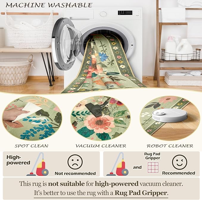 RELEANY Floral Nursery 5x7 Area Rugs Washable Print Boho Cute Carpet Non Slip Flower Low Pile for Living Room Kids Girls Playroom Bedroom Kitchen Office Farmhouse-Light Green
