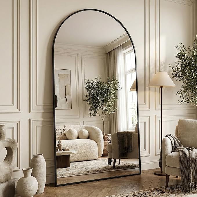 Suidia 86"x46" Arched Full Length Mirror with Stand, Full Body Mirror with Aluminum Frame, Freestanding/Leaning/Wall-Mounted, Floor Mirrors for Bedroom, Living Room, Entryway, Dressing Room, Black