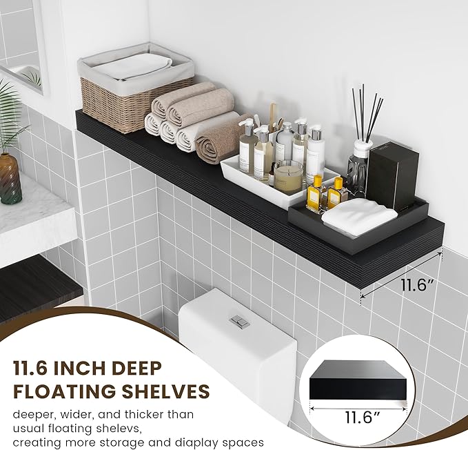 FLYJOE 48 Inch Black Floating Shelf | 12 Inch Deep Floating Shelves Set of 1 | 48" D x 12" D Rustic Wood Shelves for Wall | Deep Black Shelves for Living Room Bathroom Laundry Room Kitchen