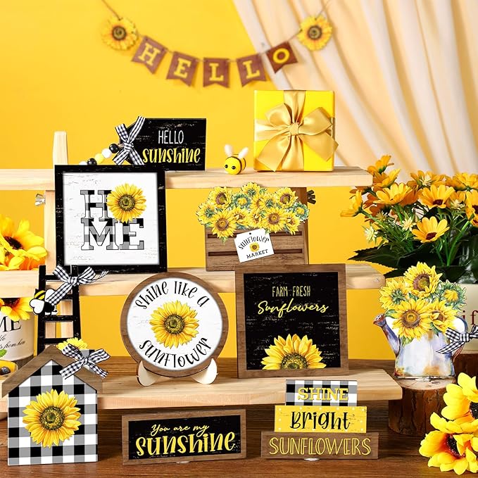 Bucherry 24 Pcs Sunflower Tiered Tray Decor Spring Decorations for Home Farmhouse Decorative Trays Wooden Sign Table Centerpieces for Home Kitchen Shelf Supplies