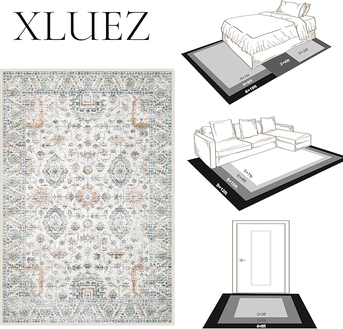 XLUEZ Area Rug 6x9 Living Room Rug, Machine Washable Vintage Distressed Boho Area Rug Non-Slip Soft Low Pile Large Indoor Rugs for Bedroom Kitchen Dining Room Office(Brown Green,6'x9')