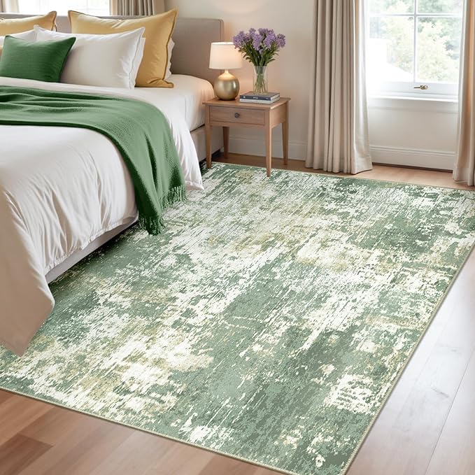 RELEANY Washable Area Rugs 4'x6' Non-Slip Modern Abstract Soft for Living Room Entryway Bedroom Nursery, Print Pattern, Light Green/Yellow