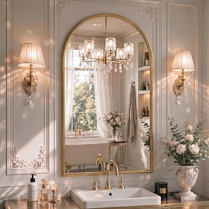 26"x38" Arched Gold Bathroom Mirror – Metal Framed with HD Shatter-Proof Glass, Wall-Mounted for Over Sink, Entryway, Living Room, Bedroom