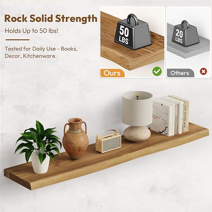 Vivelove Live Edge Floating Shelves for Wall Solid Elm Wood, Rustic Farmhouse Wall Shelf with Invisible Bracket for Living Room Bedroom Bathroom Office Book, 40 Inches - Set of 2 - Natural