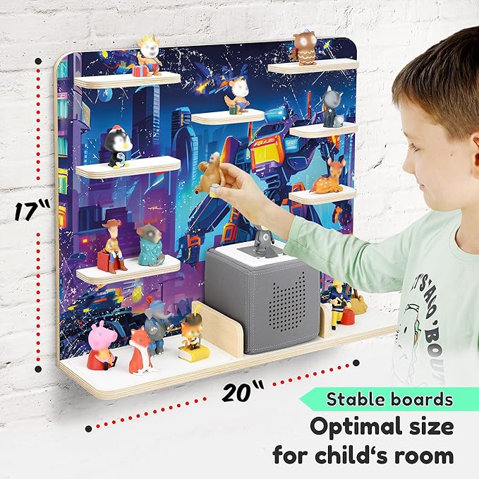 stadtecken Wooden Shelf for Music Box I Suitable for The Toniebox and Tonies I Perfect Storage in The Children's Room I for Setting up or Hanging (Robots)