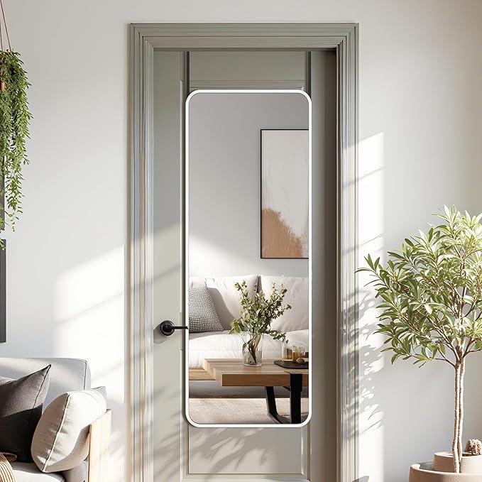 Antok Over The Door Mirror Full Length, 49'' x 14''Wall Mounted Hanging Mirror, Aluminum Alloy Frame, Shatterproof Glass, No Drill Installation for Bedroom, Closet, Bathroom, Dorm, Round Corner, White