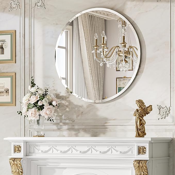 24 Inch Round Mirror for Wall Decor, Frameless Beveled Circle Mirror with Solid Backing, Small Round Bathroom Mirror for Vanity, Entryway & Bedroom, Flush Mount
