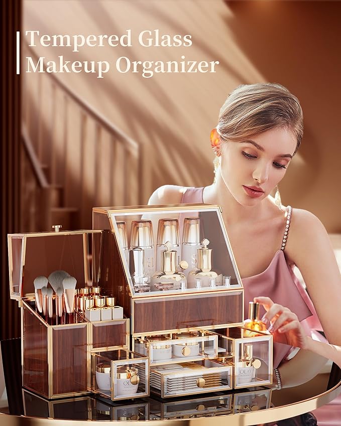 Youdepot Tempered Glass Makeup Organizer Countertop 5-Drawer Jewelry Box - Large Velvet-Lined - Multi-Functional jewelry organizer,Skincare Storage for Vanity and Bathroom Countertop