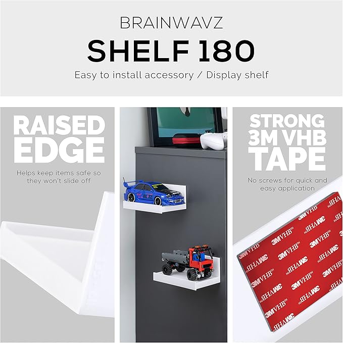 5.4" Adhesive Small Floating Shelf for Speakers, Books, Plants, Cameras, Toys, Decor & More, Screwless Wall Shelves, Easy to Install, By Brainwavz (SHELF180, White)