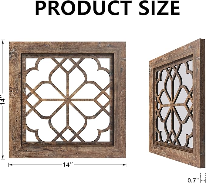 Set of 4 14 Inch Square Redbrown Window Pane Wall Mirrors, Shatterproof Rustic Farmhouse Boho Vintage Decorative Mirrors for Living Room Bedroom Bathroom Entryway