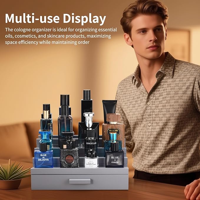 Perfume Organizer for Men, 4 Tier Wood Perfume Display Stand with Velvet Lining Drawer and Hidden Compartment for Watch,Jewelry,Perfume Display Risers,A Gift for Men (Gray)