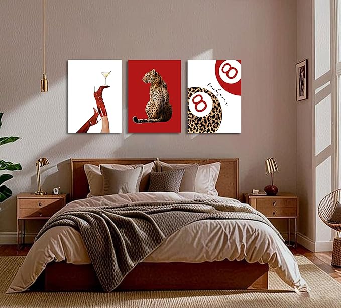 3Pcs Trendy Leopard Wall Art Preppy Funky Red Boot Martini 8 Ball Wall Decor Pictures Vintage Feminism Aesthetic Cheetah Canvas Poster Prints for Girly Bedroom Apartment Dorm Decoration 16X24