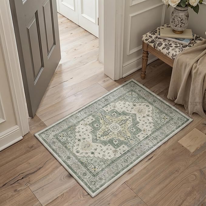GENIMO 3x5 Area Rugs for Living Room, Machine Washable Non Slip Vintage Rugs, Low Pile Lightweight Chenille Print Rug for Bedroom, Dining Room, Home Office, Sage Green