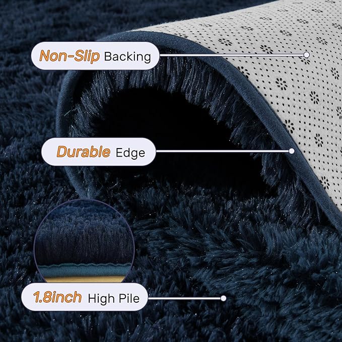 8x10 Area Rugs for Living Room Fluffy Blue,Plush Soft Navy Blue Shag Carpet for Living Room Boys Book Room Nursery Kids Playroom Dorm Decor
